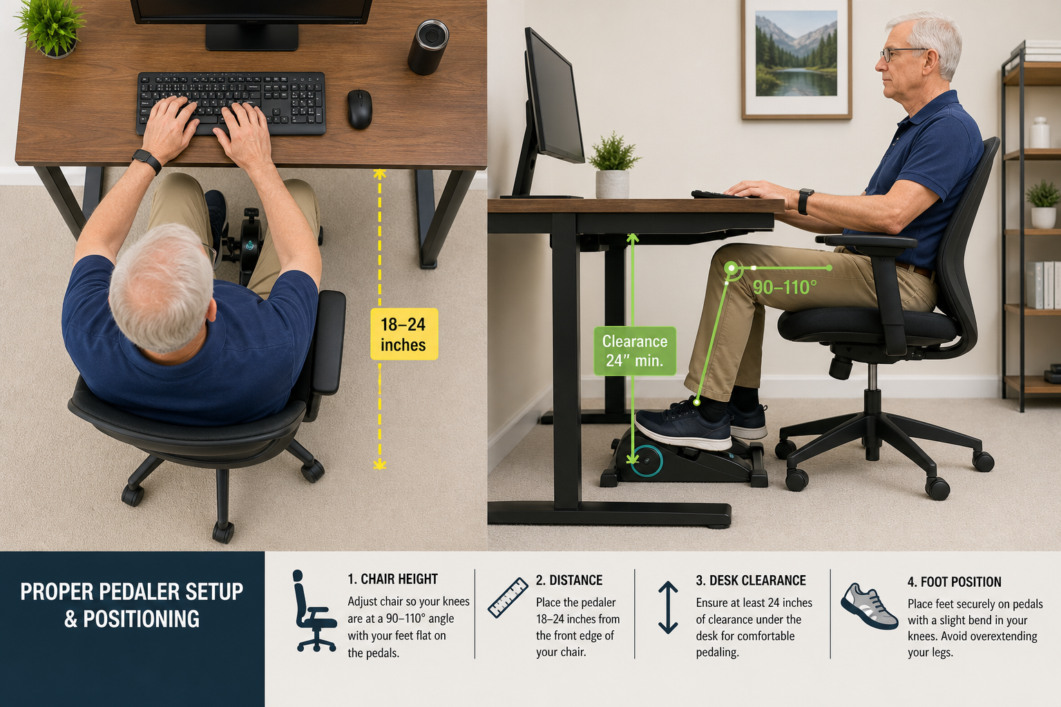 Proper setup and positioning of under-desk pedaler showing correct ergonomic placement