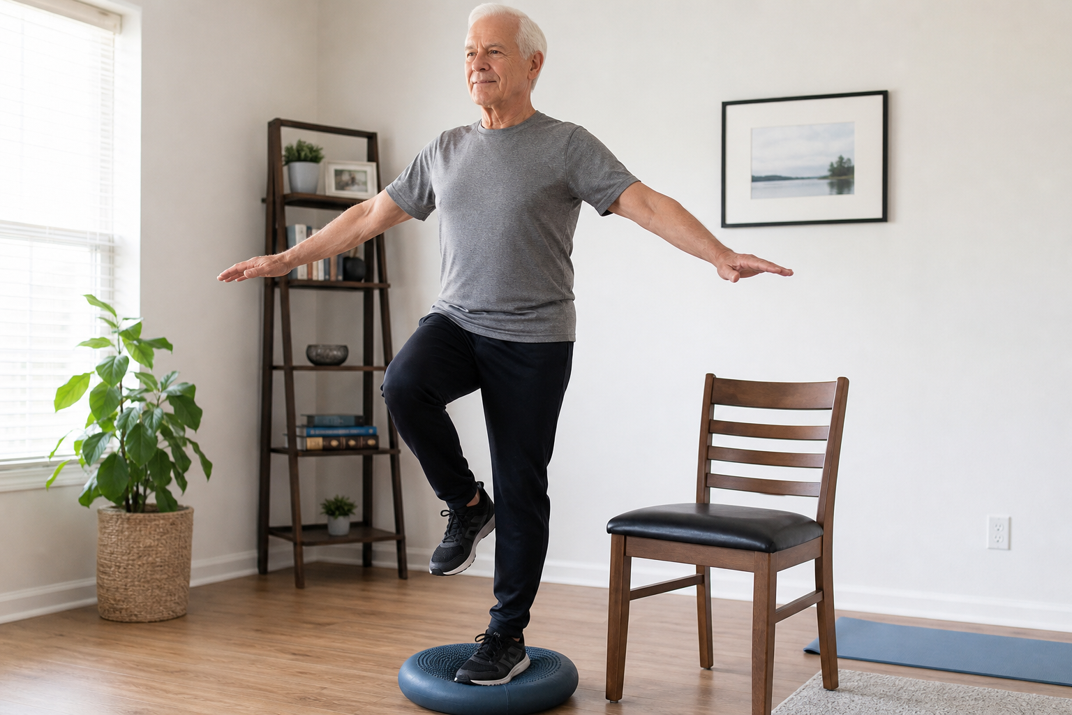 Senior man performing single-leg standing balance exercise on a balance cushion with chair nearby for safety