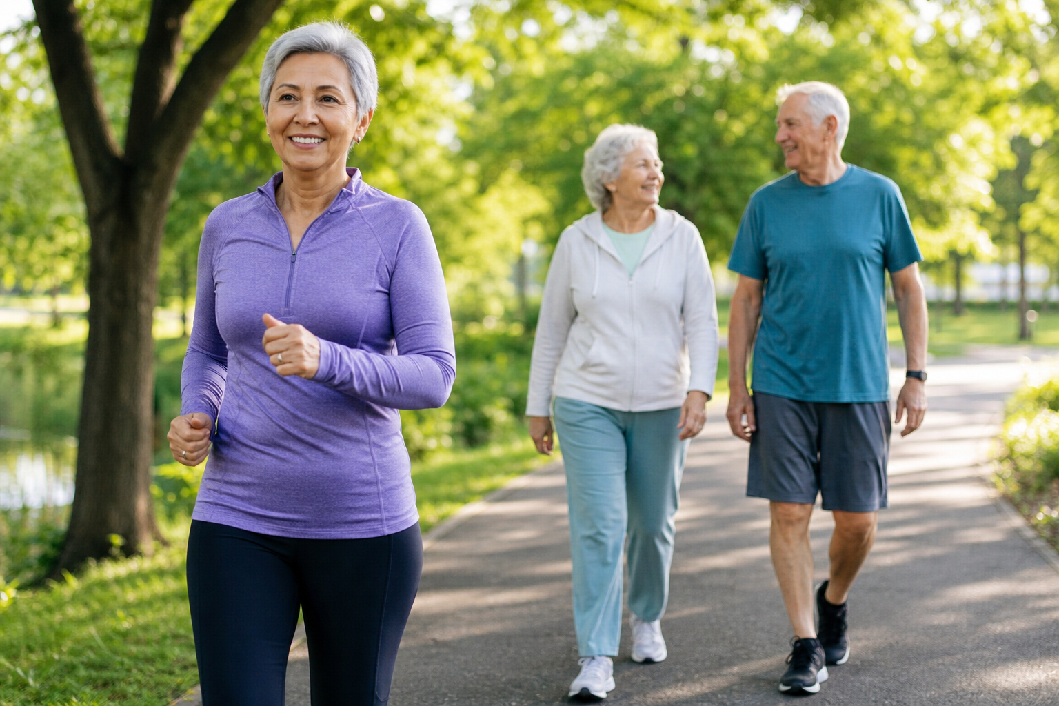 Diverse group of seniors walking at different paces in a park