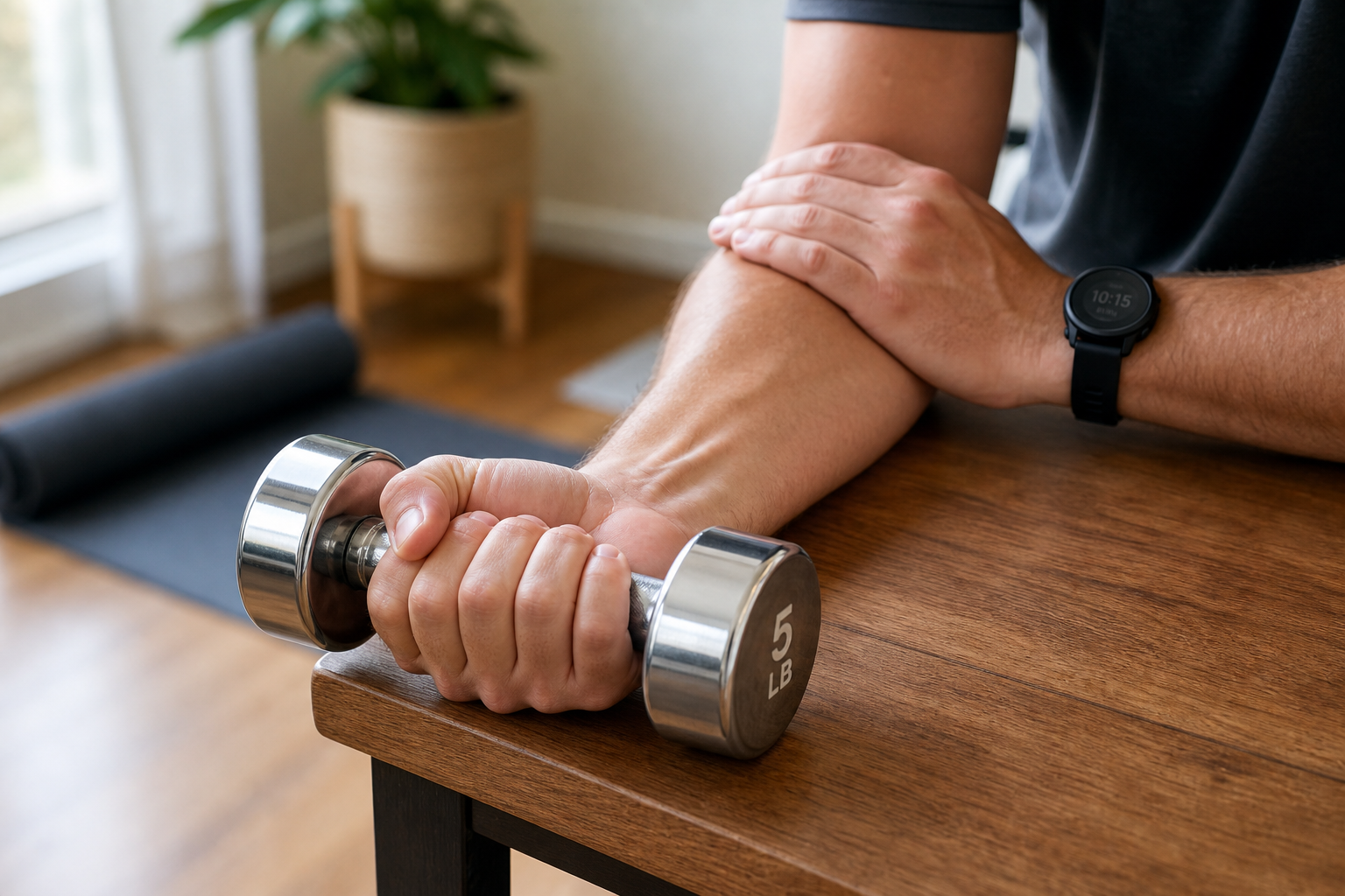 Close-up of hands performing wrist curl exercise with light dumbbell for wrist strengthening