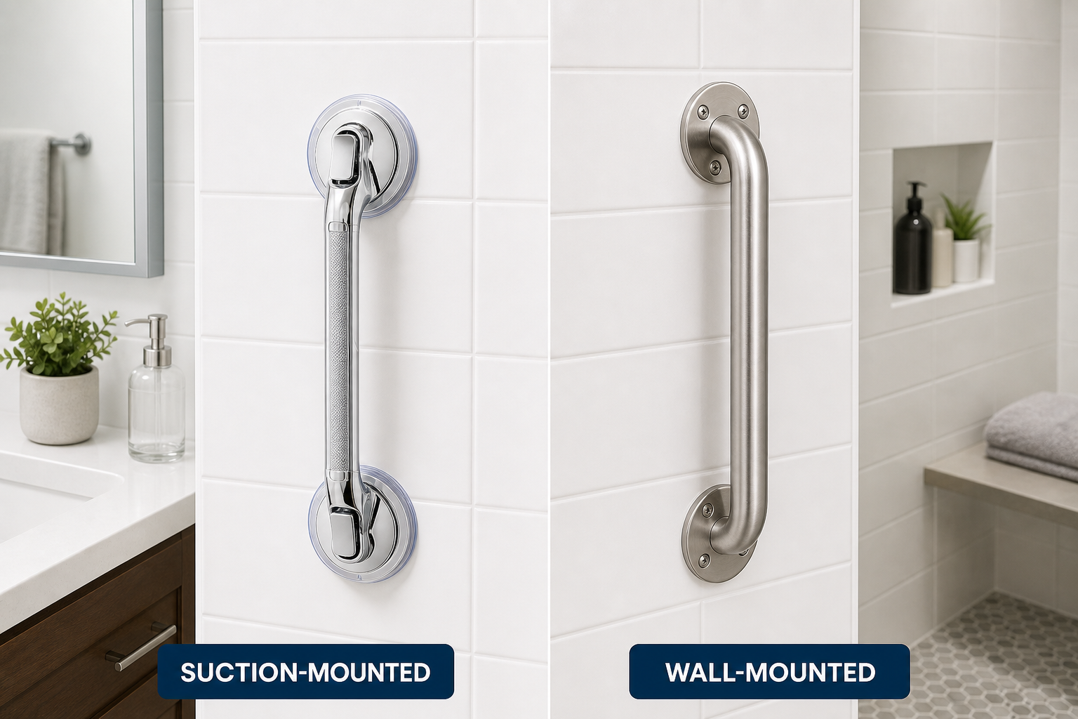 Comparison of suction-mounted and wall-mounted bathroom grab bars on tiled wall