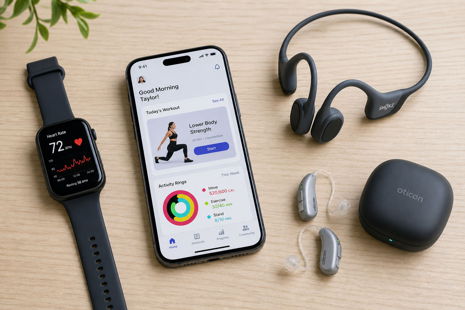 Array of assistive fitness technology including smartphone, smartwatch, and Bluetooth-enabled hearing devices