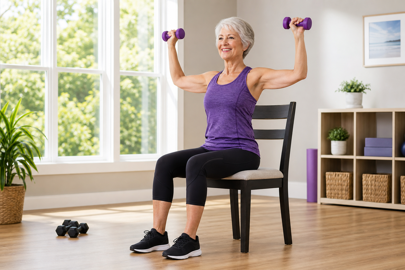 Senior woman doing seated arm exercises on a chair with dumbbells