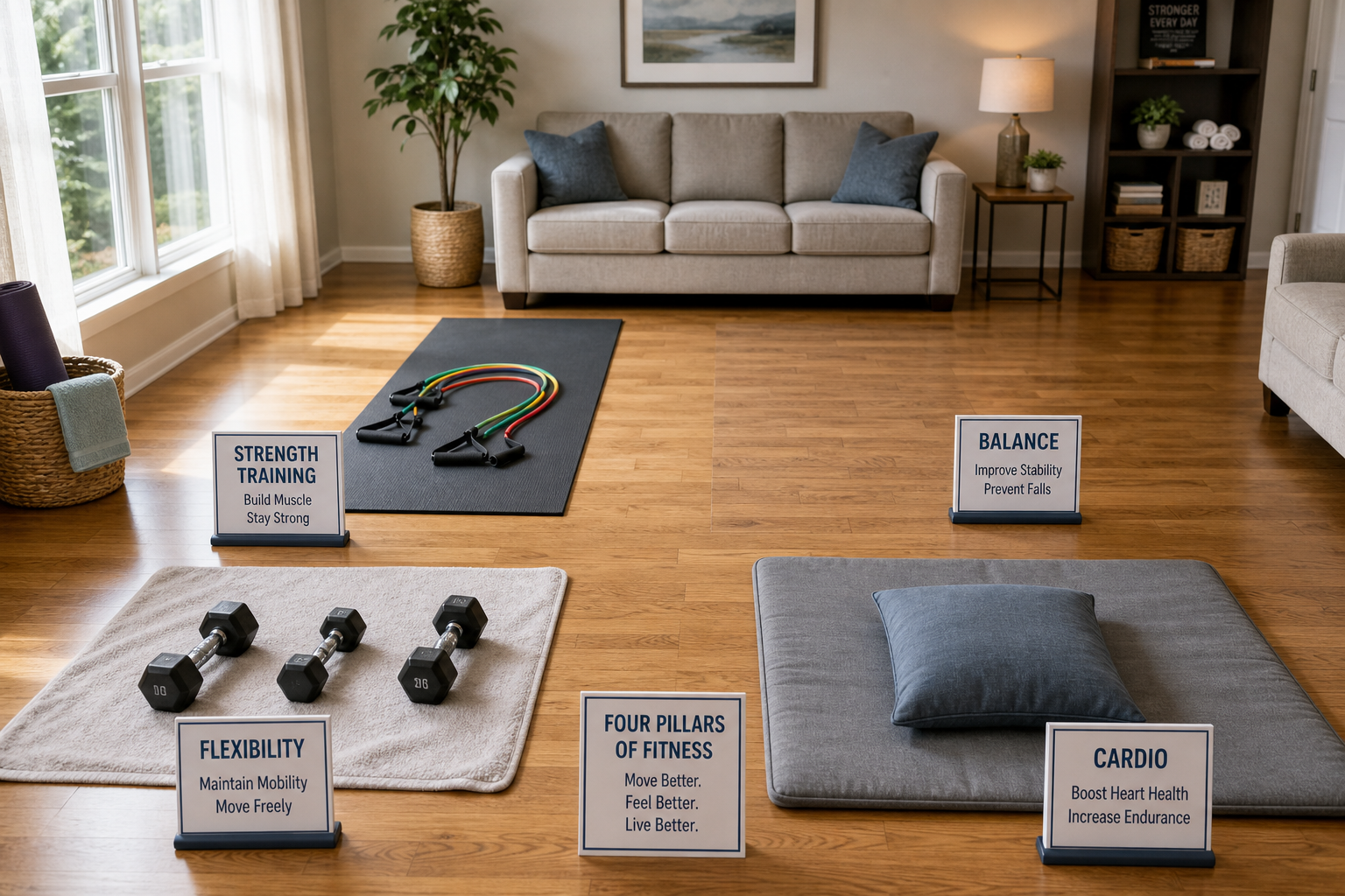 Four distinct home workout stations representing different fitness pillars for seniors