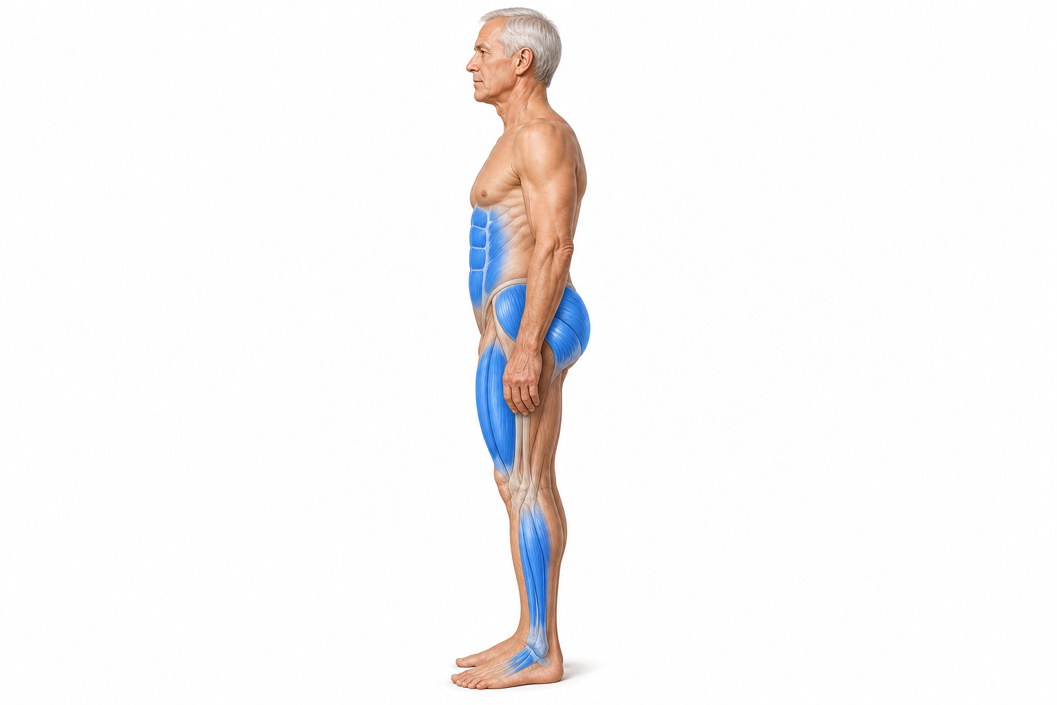 Anatomical illustration highlighting the five key muscle groups that prevent falls in seniors
