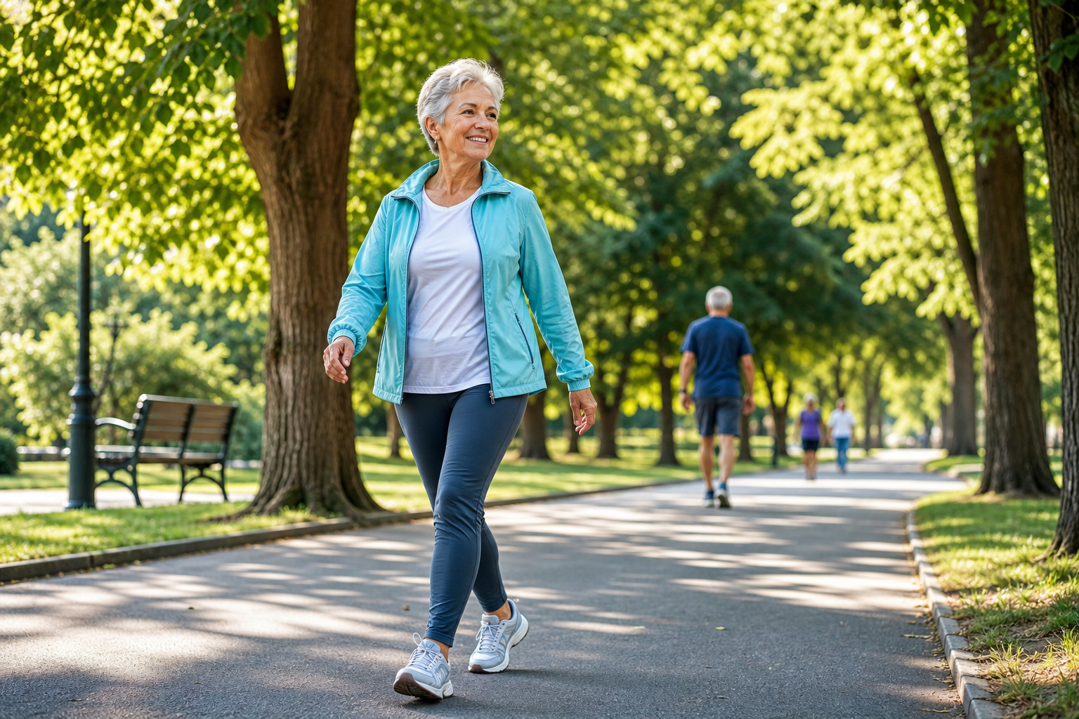 Active senior walking confidently on a tree-lined park path during an endurance training session