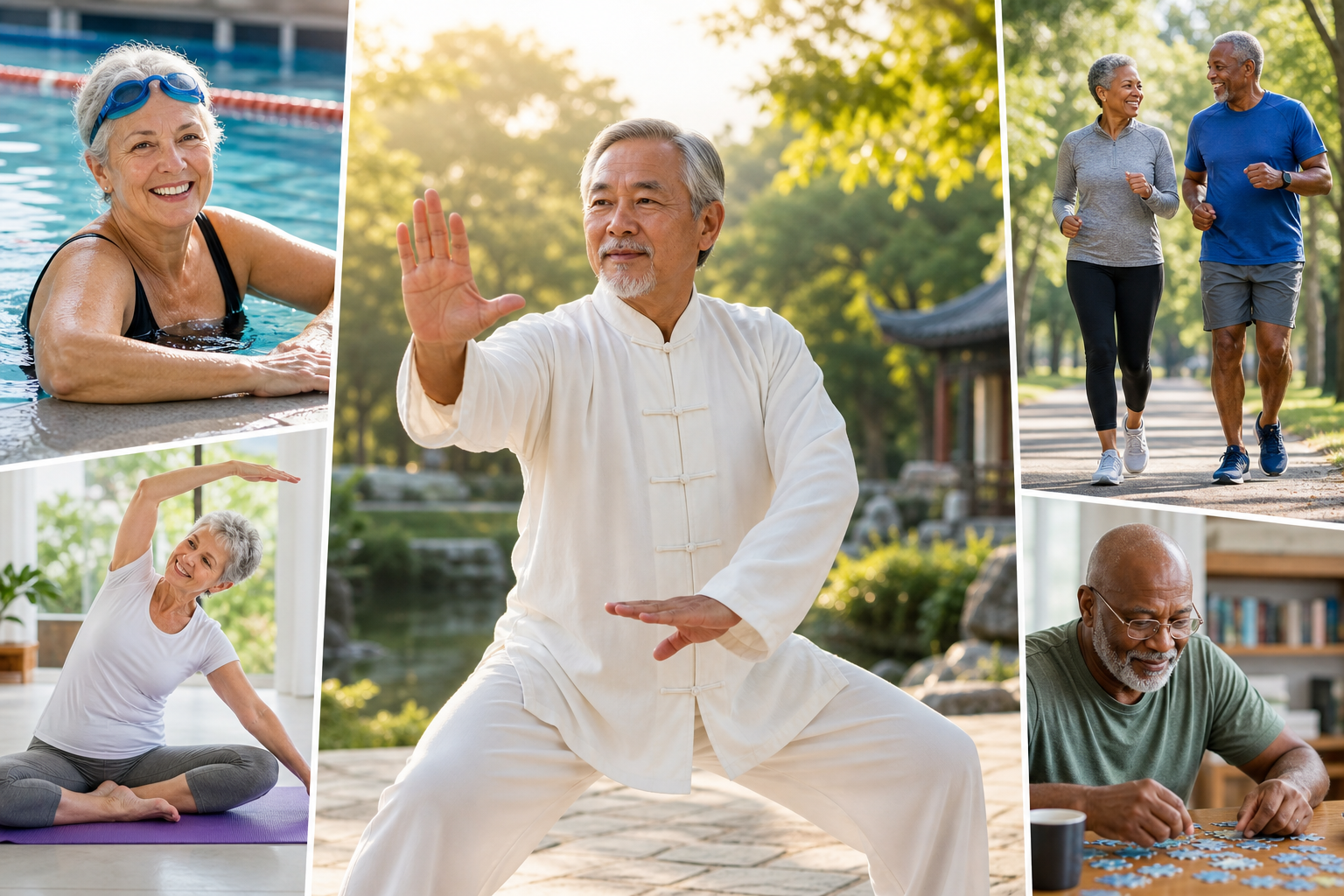 Collage of seniors performing various exercises including tai chi, swimming, walking, and yoga