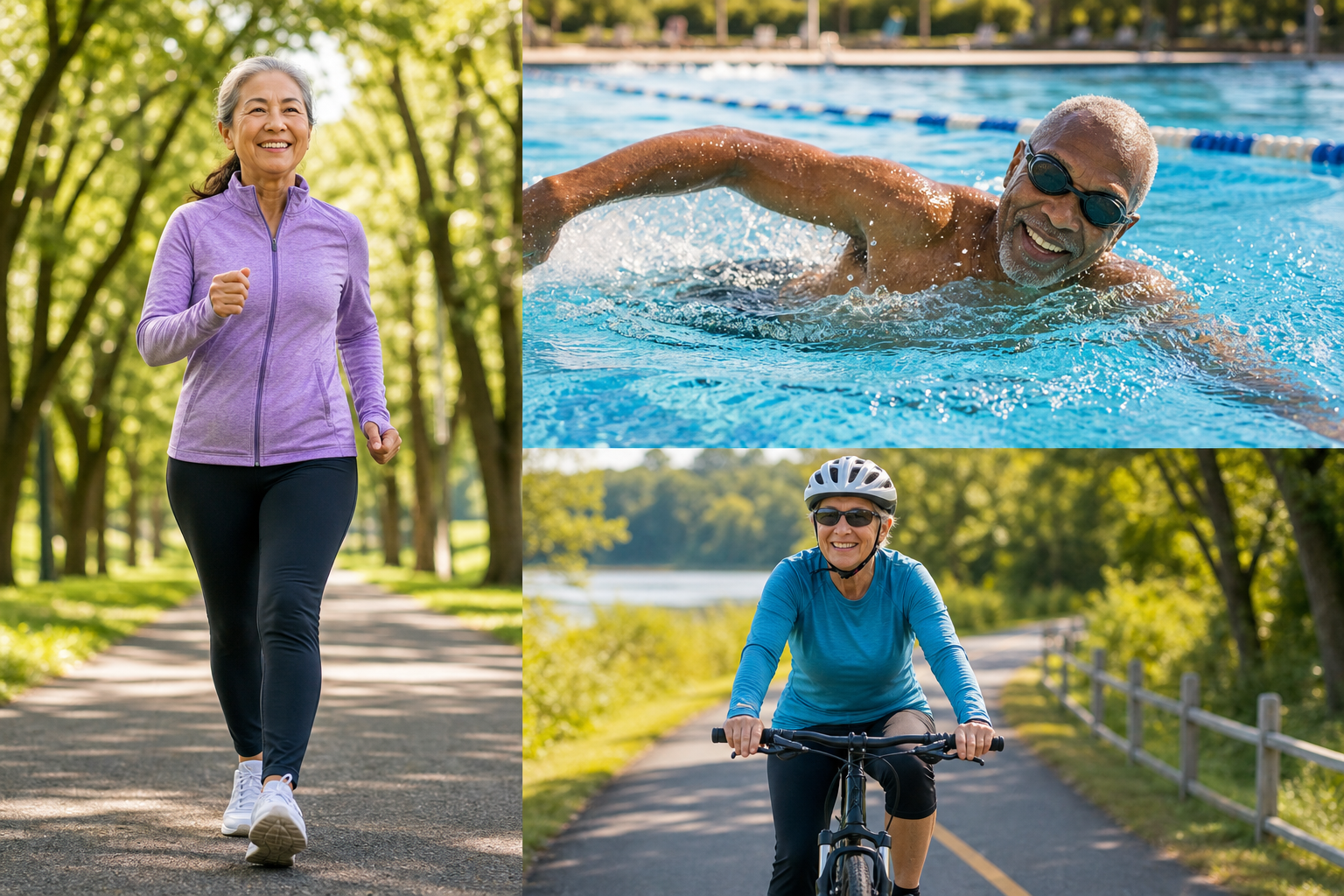 Active seniors enjoying walking, swimming, and cycling exercises outdoors