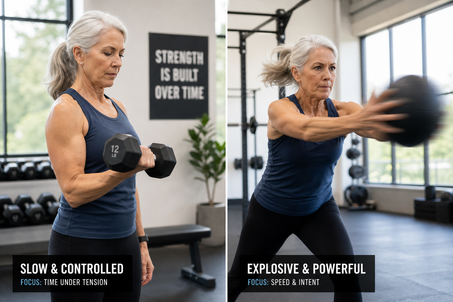Side-by-side comparison of a senior woman performing slow strength training versus explosive power training