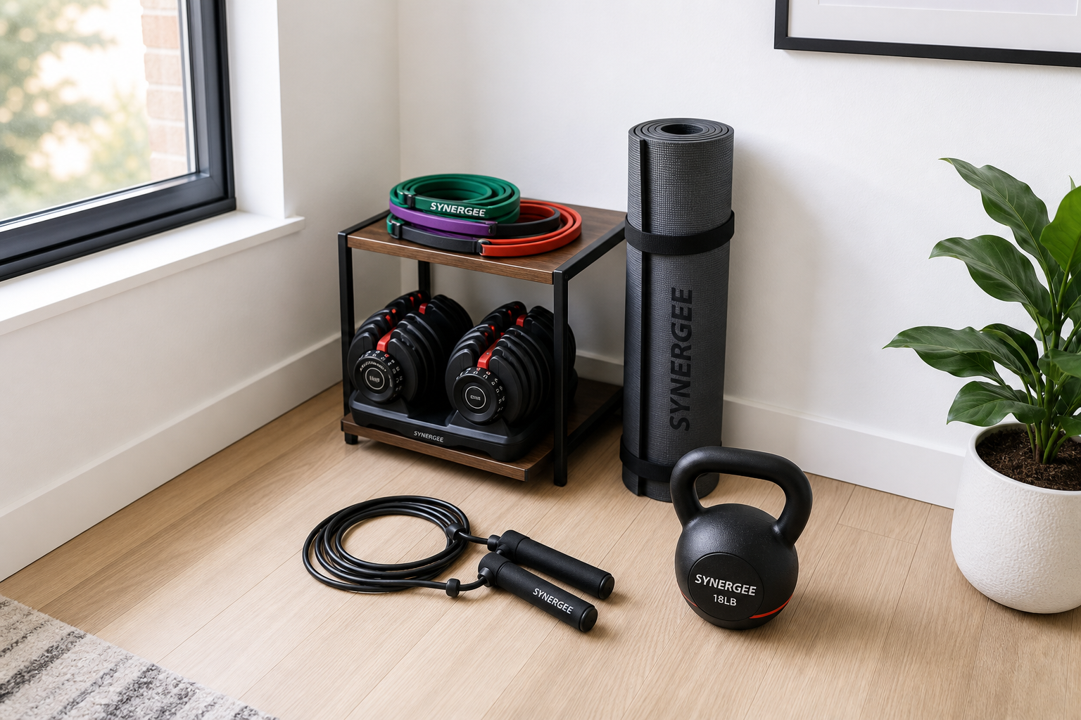 Five essential compact fitness equipment pieces arranged neatly in a small apartment corner