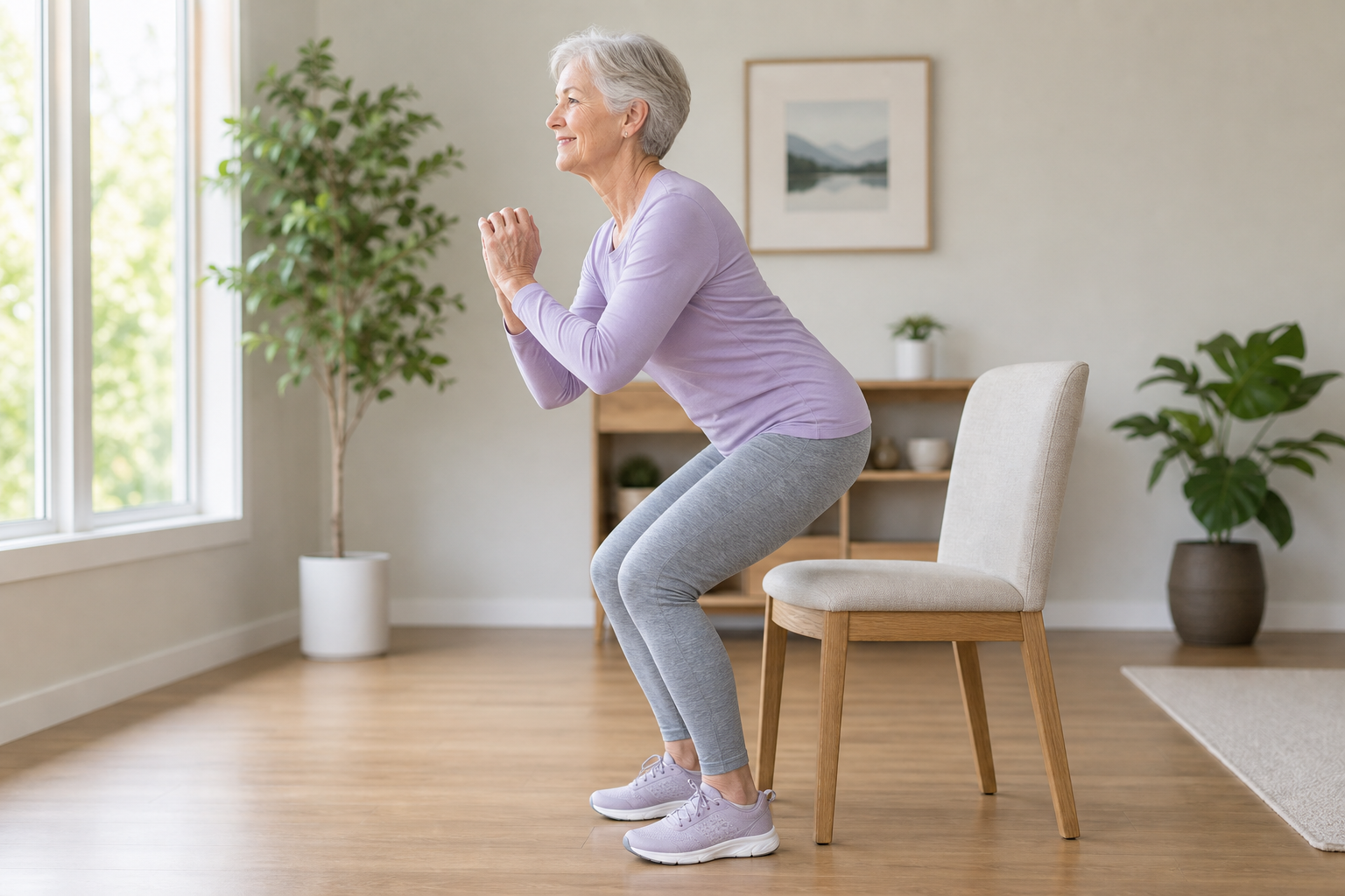 Senior woman performing sit-to-stand exercise as part of fall prevention strength routine