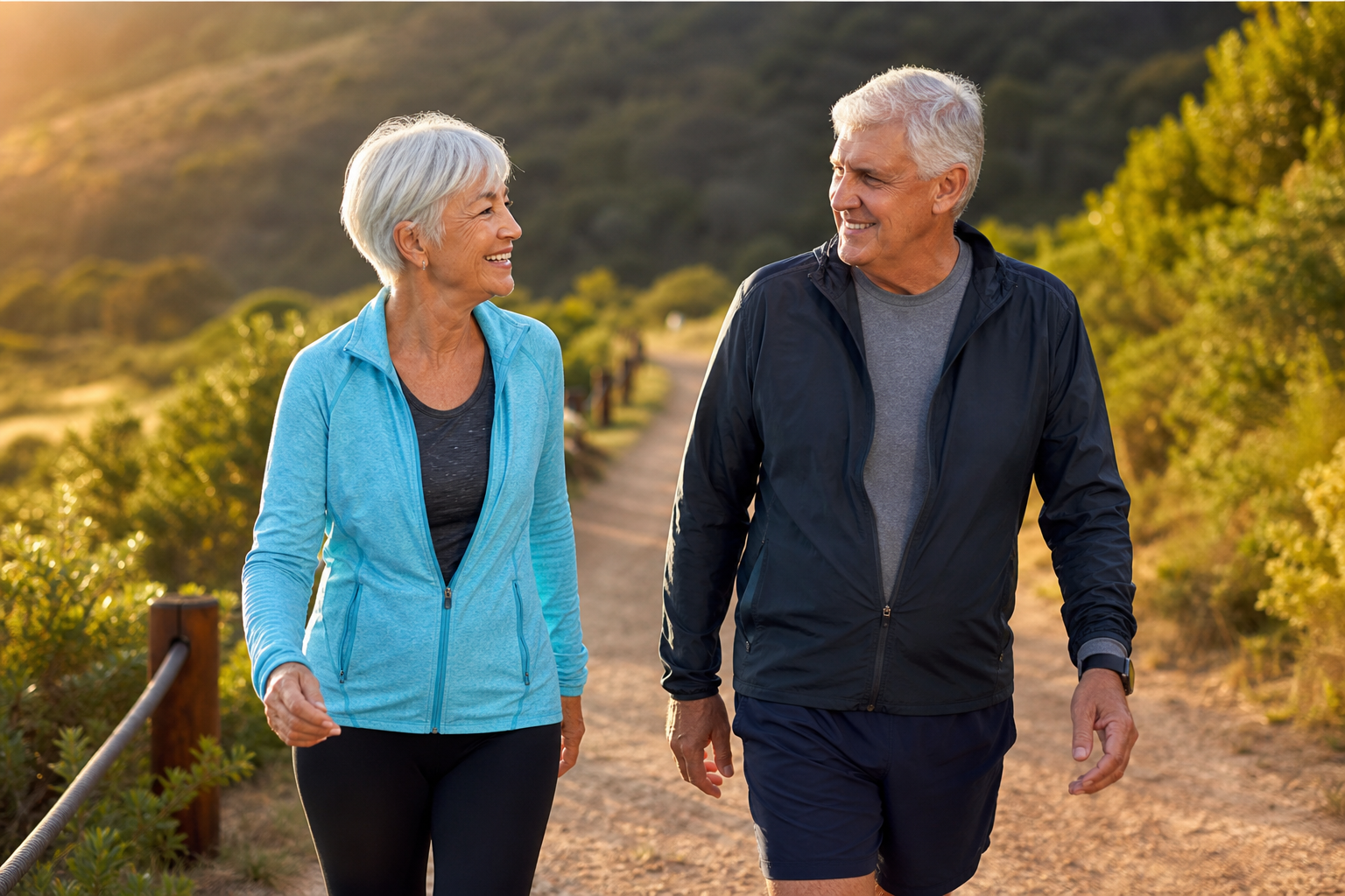 Active senior couple walking on nature trail during their first year of retirement