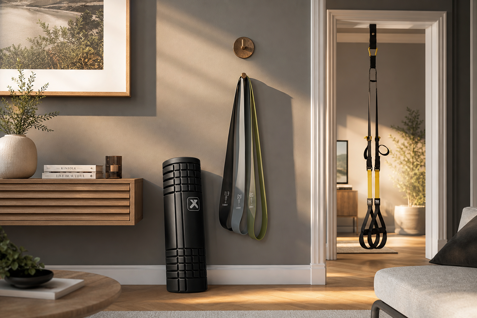 Three nice-to-have compact workout accessories displayed in a modern apartment interior
