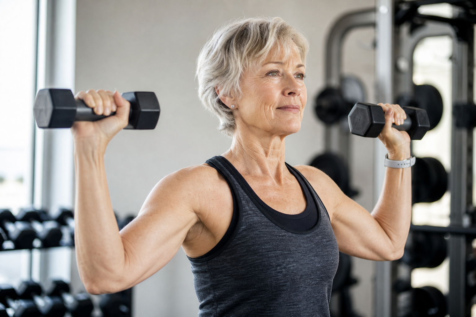 Senior adult performing dumbbell strength training exercise with proper form in a gym