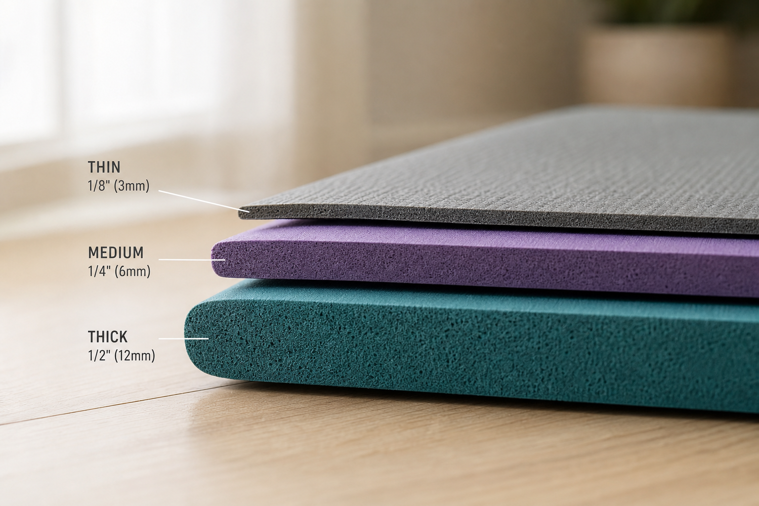 Side view comparison of three yoga mats showing different thickness levels