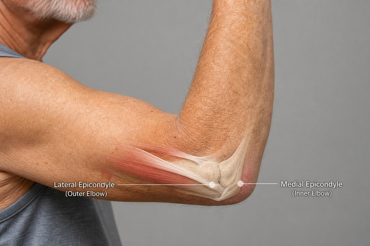 Close-up of senior man's elbow showing inner and outer elbow areas where pain commonly occurs