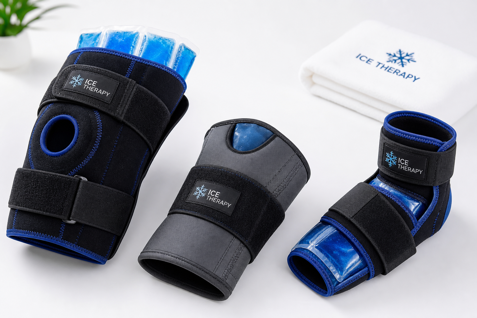 Various cold therapy wraps for different joints including knee, elbow, and ankle wraps