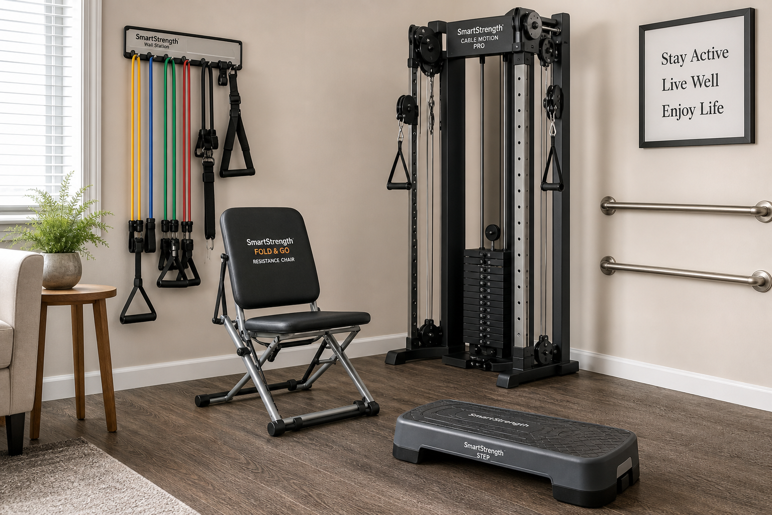 Collection of compact home gym equipment designed for seniors displayed in a well-lit room