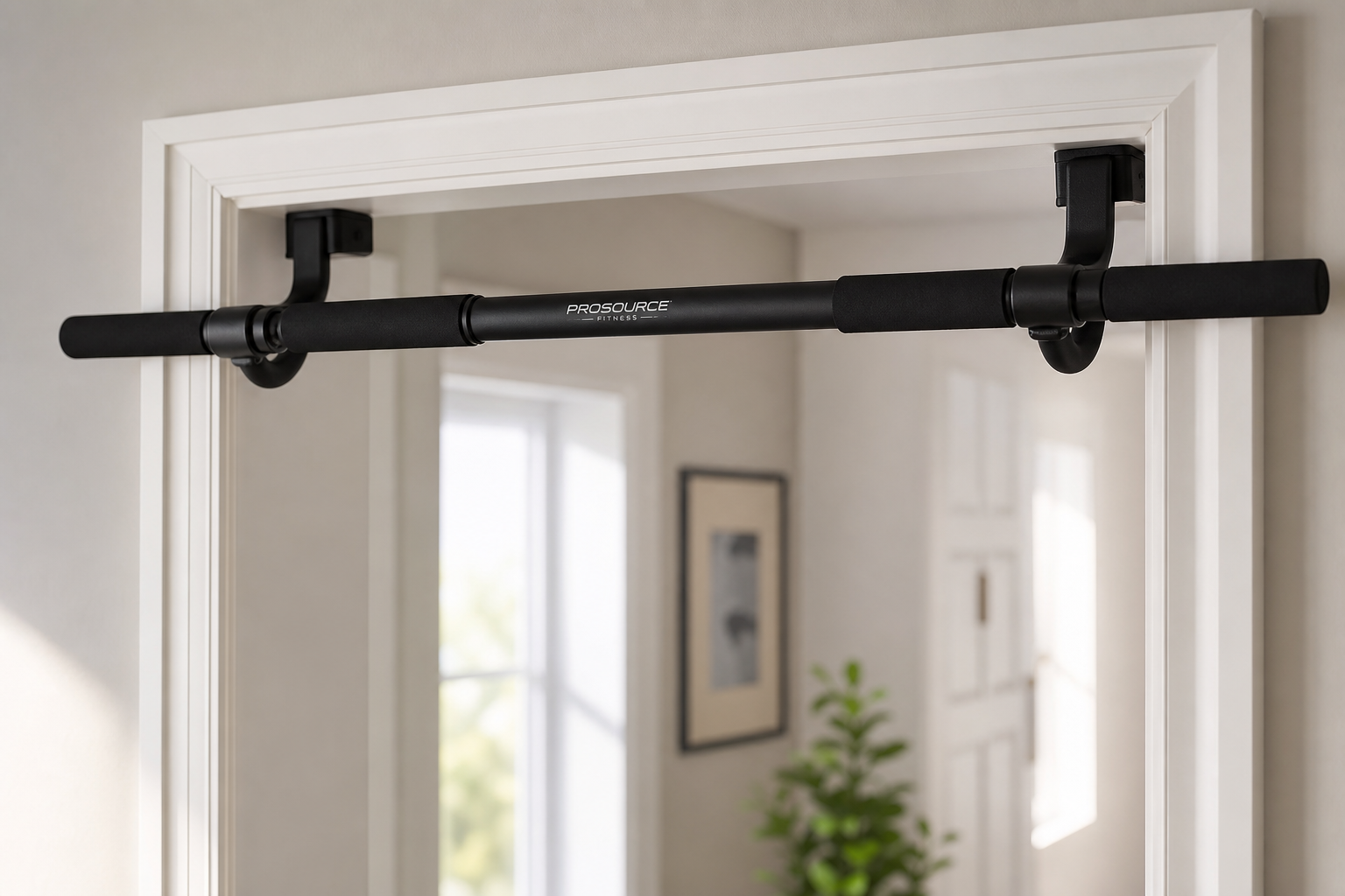 A padded doorway pull-up bar properly installed in a residential doorframe