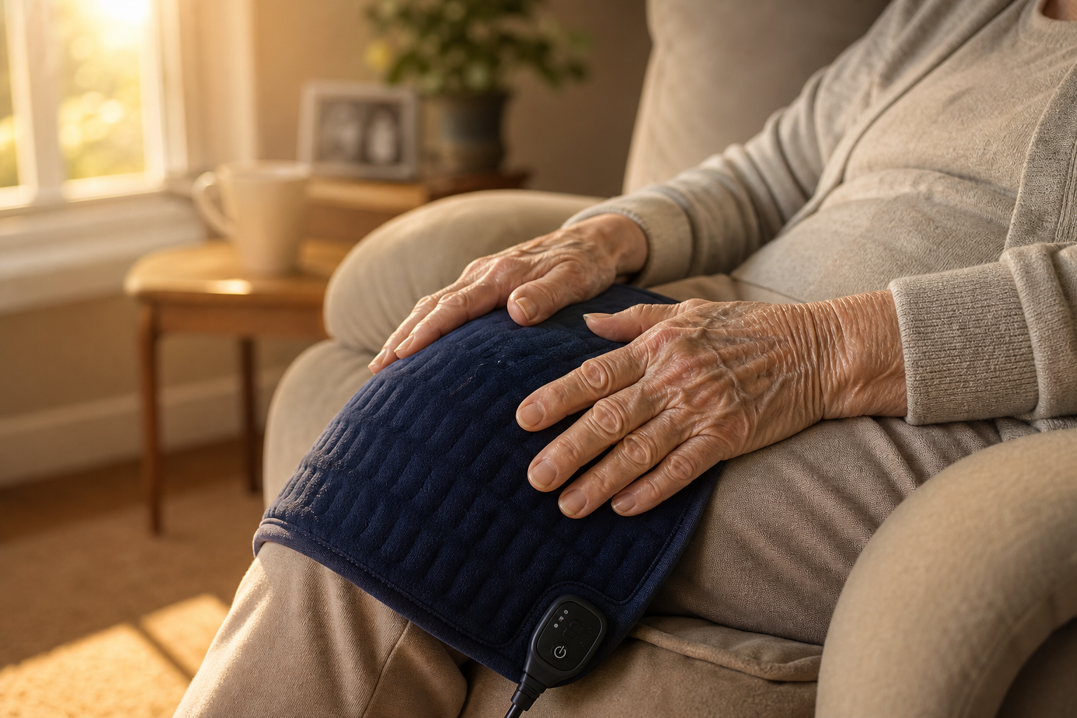 Senior person using a heating pad on their knee for arthritis pain relief while seated comfortably