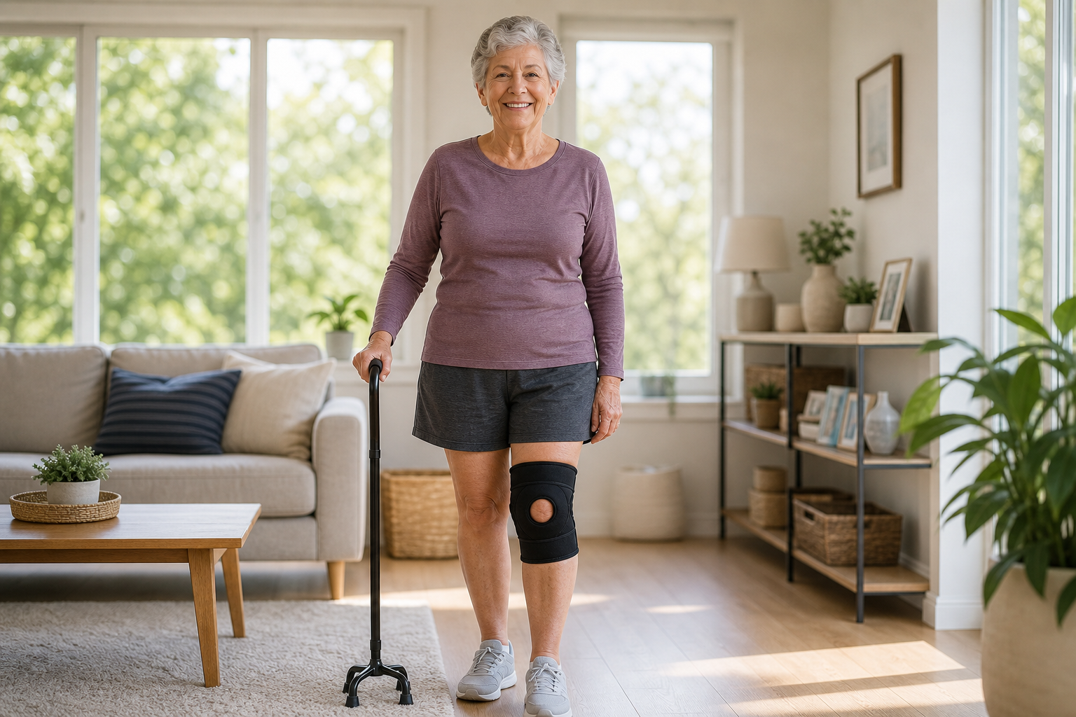 Senior woman wearing a knee brace while standing confidently at home