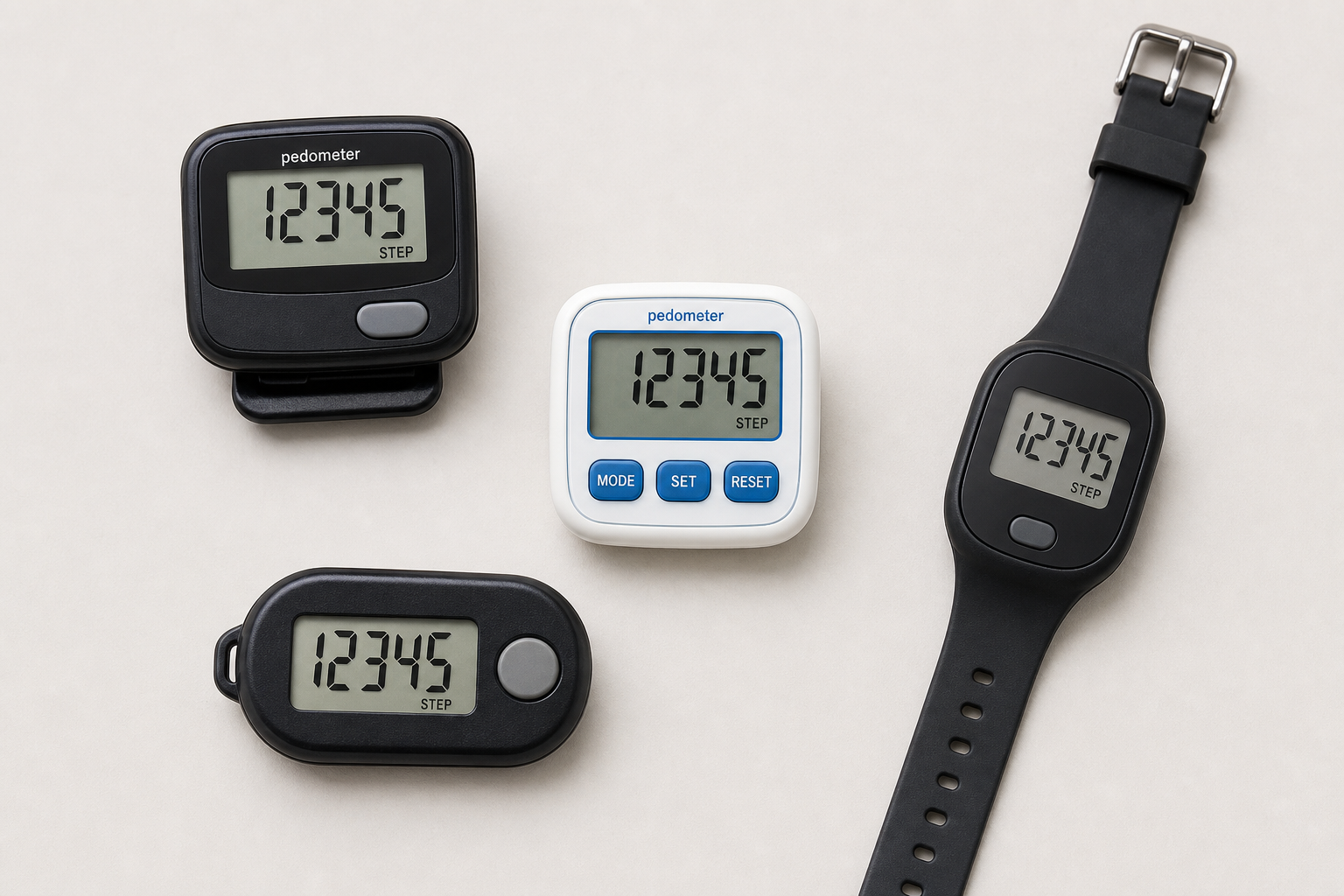 Collection of different simple pedometer models suitable for seniors displayed together