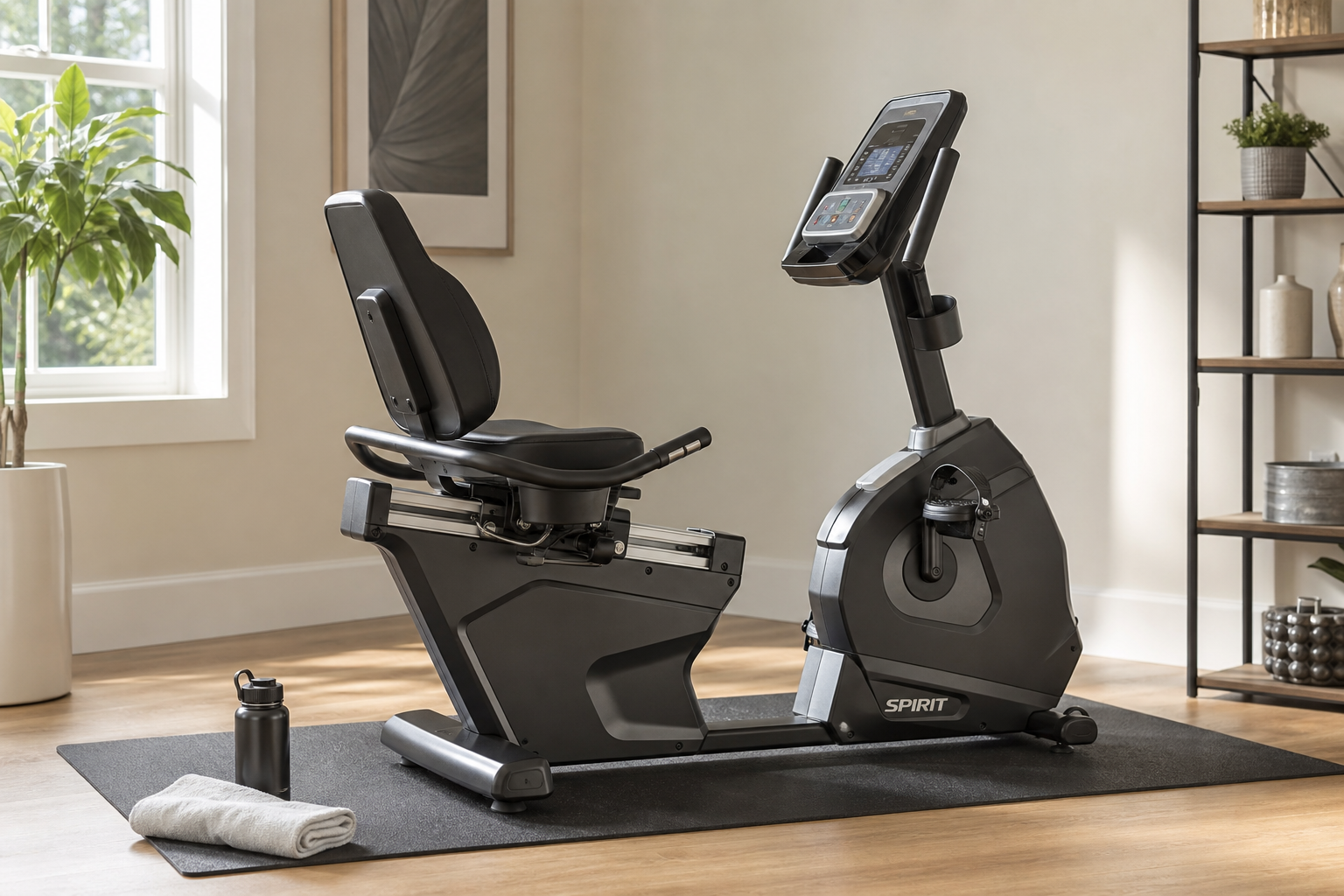 Modern recumbent exercise bike positioned in a bright home fitness area
