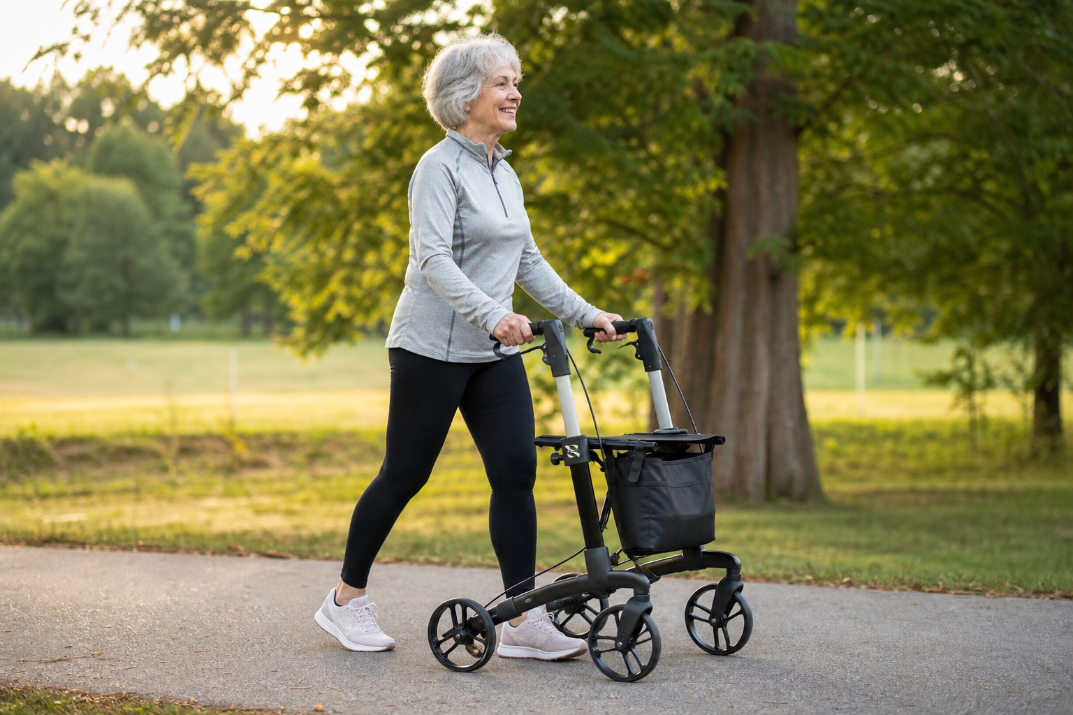 Active senior woman using a rollator walker outdoors in a park