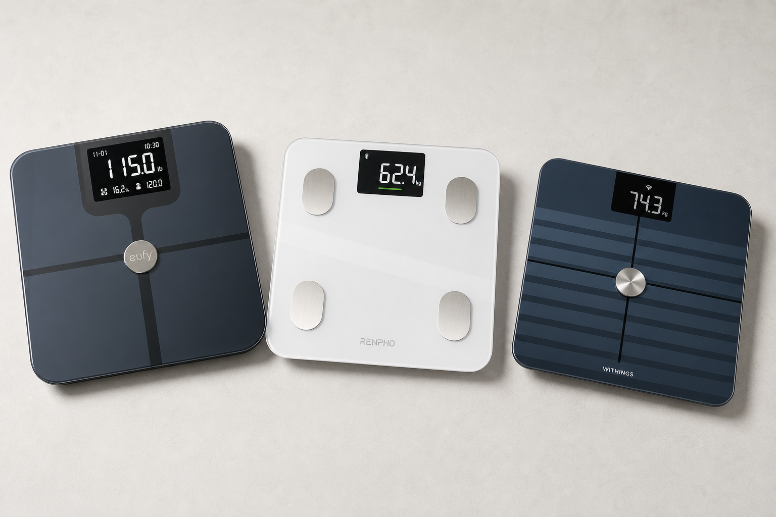 Three different smart scales arranged side by side for comparison
