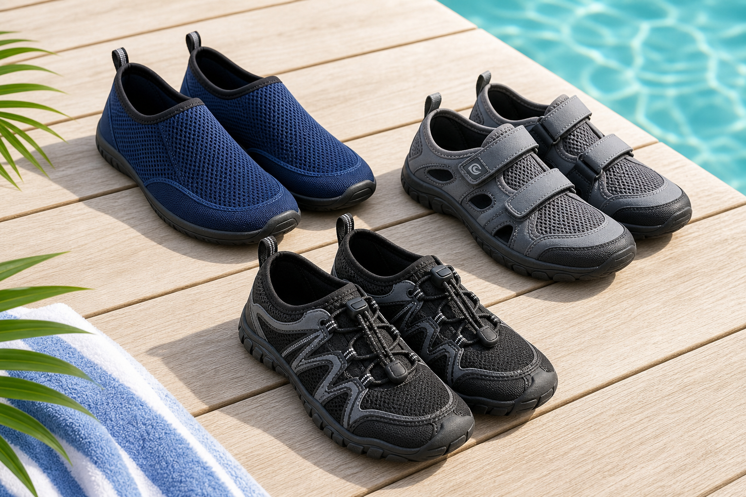 Three different styles of swim shoes for seniors arranged on a pool deck