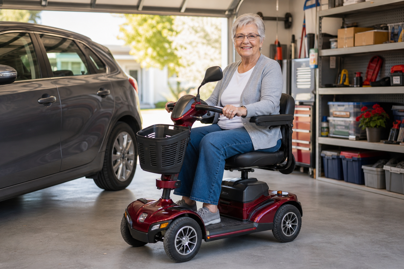 Senior woman sitting on travel mobility scooter in residential garage