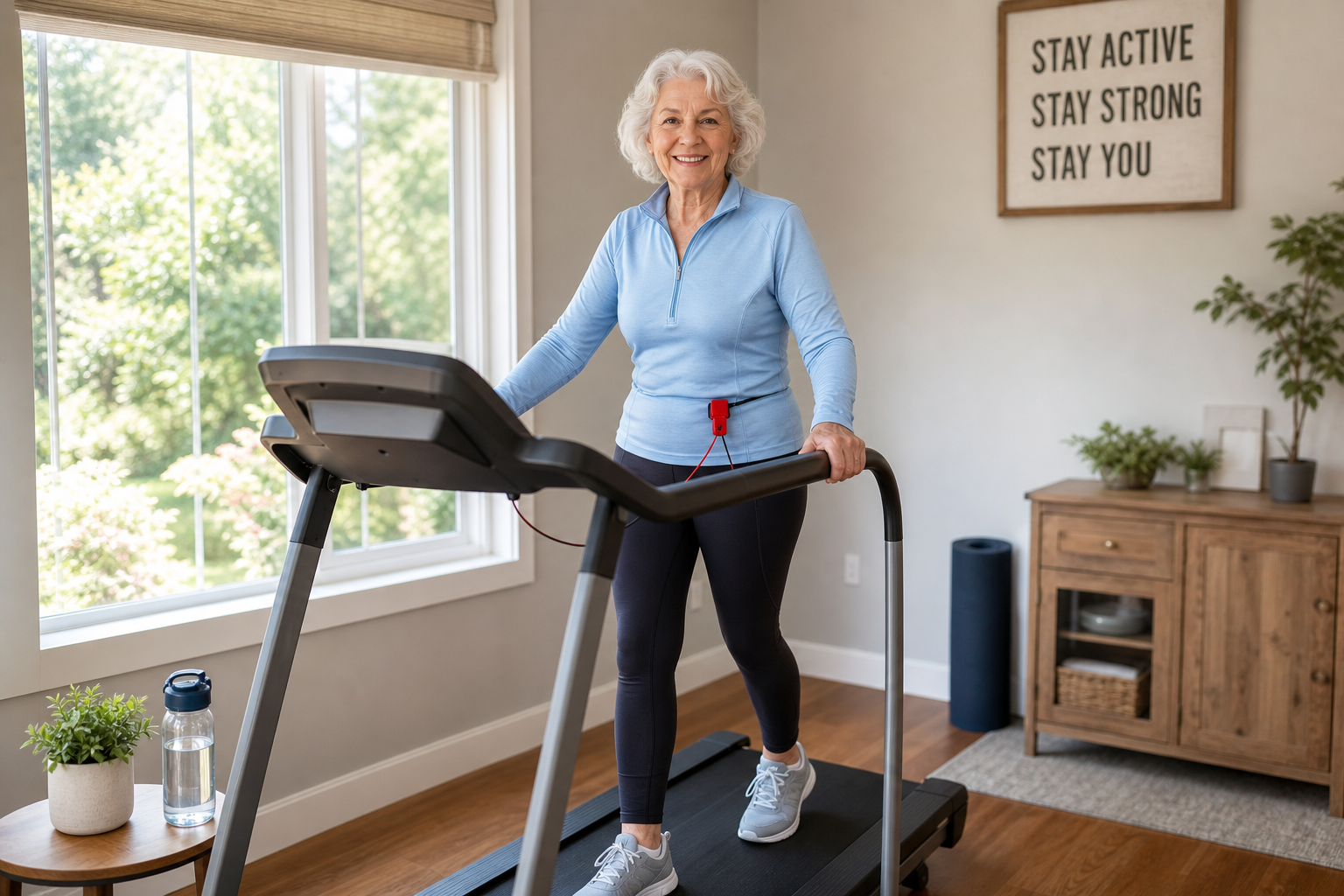 Senior woman safely using a treadmill with proper form and safety equipment