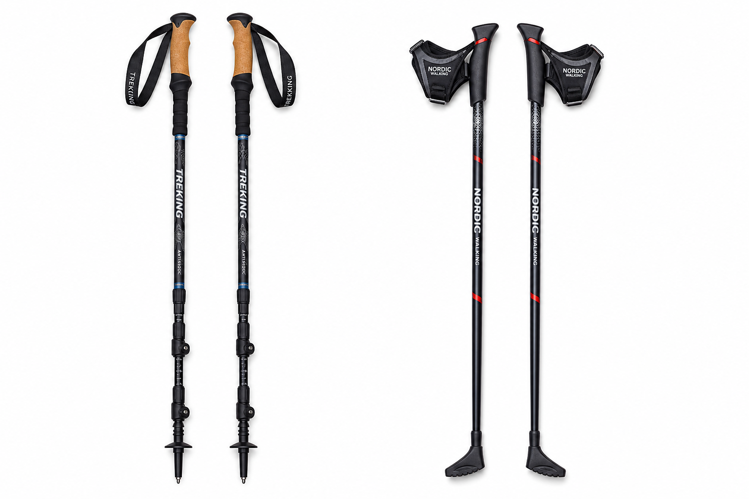 Side-by-side comparison of trekking poles and Nordic walking poles showing their different designs