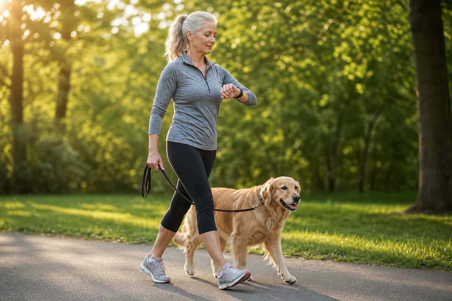 Senior woman checking fitness watch while walking her dog on a park trail