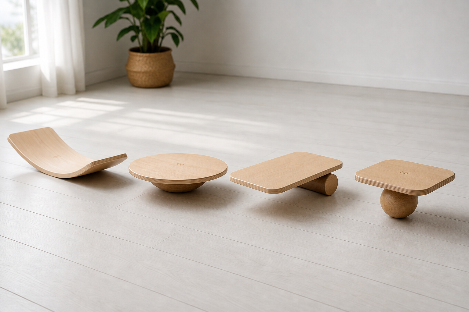Four types of balance boards arranged from easiest to hardest difficulty