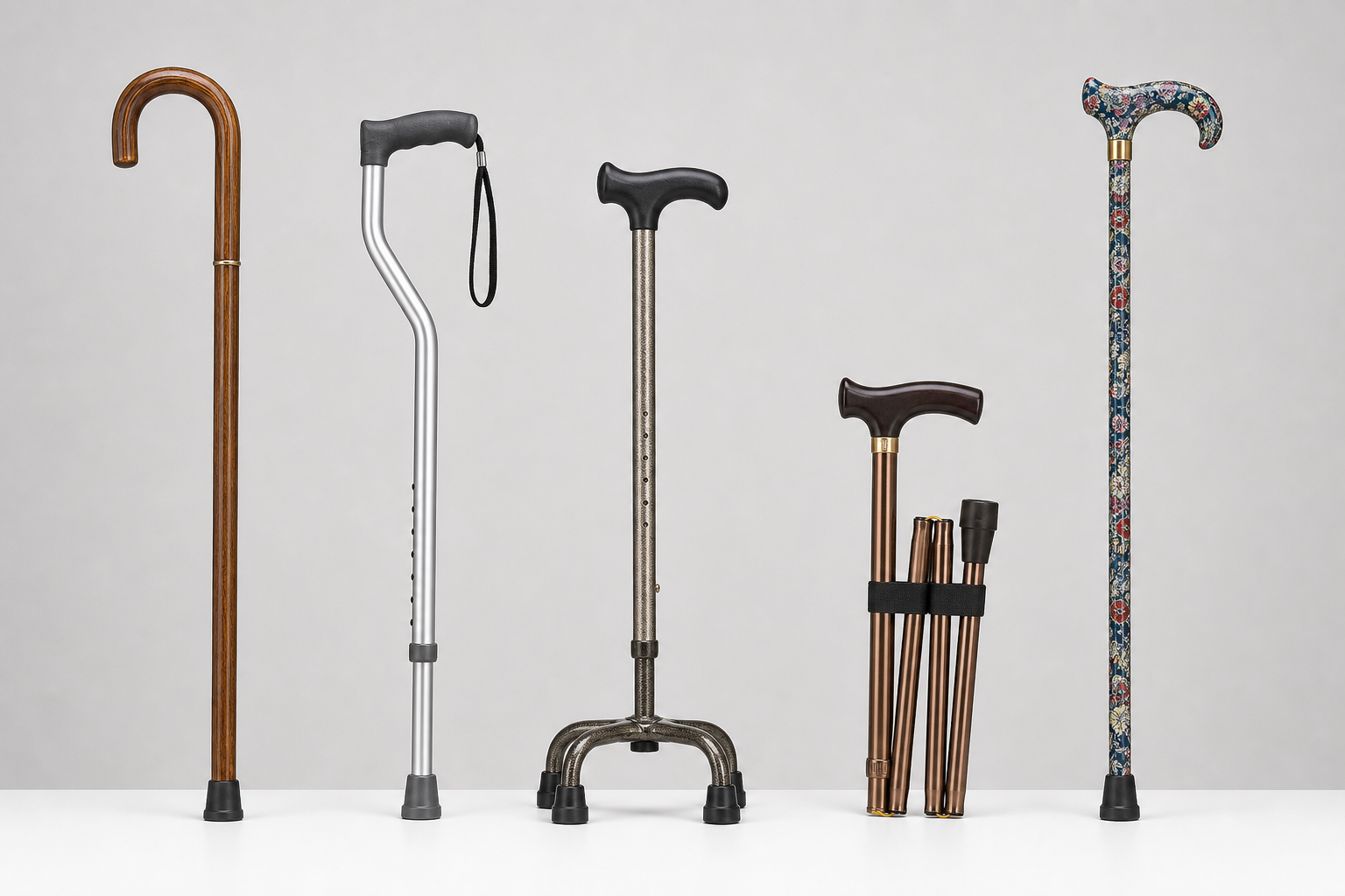 Various types of walking canes displayed side by side including standard, offset, quad, and folding canes