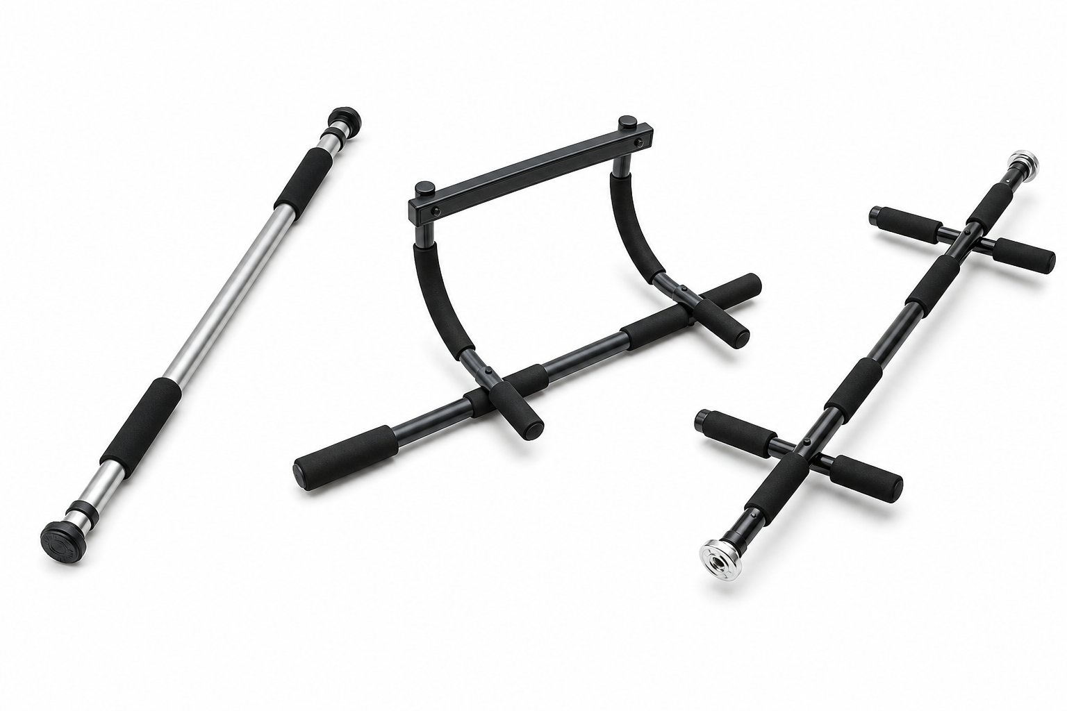 Three different styles of doorway pull-up bars displayed side by side