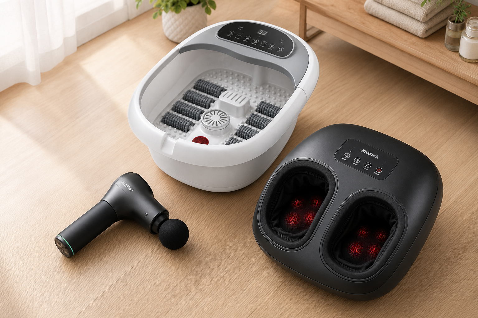 Different types of foot massagers displayed together including handheld, spa basin, and Shiatsu models