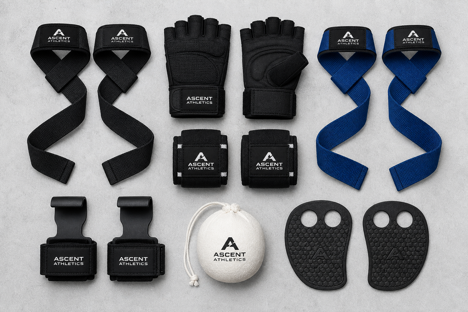 Various types of grip aids including lifting straps, gloves, hooks, and chalk arranged on a neutral background