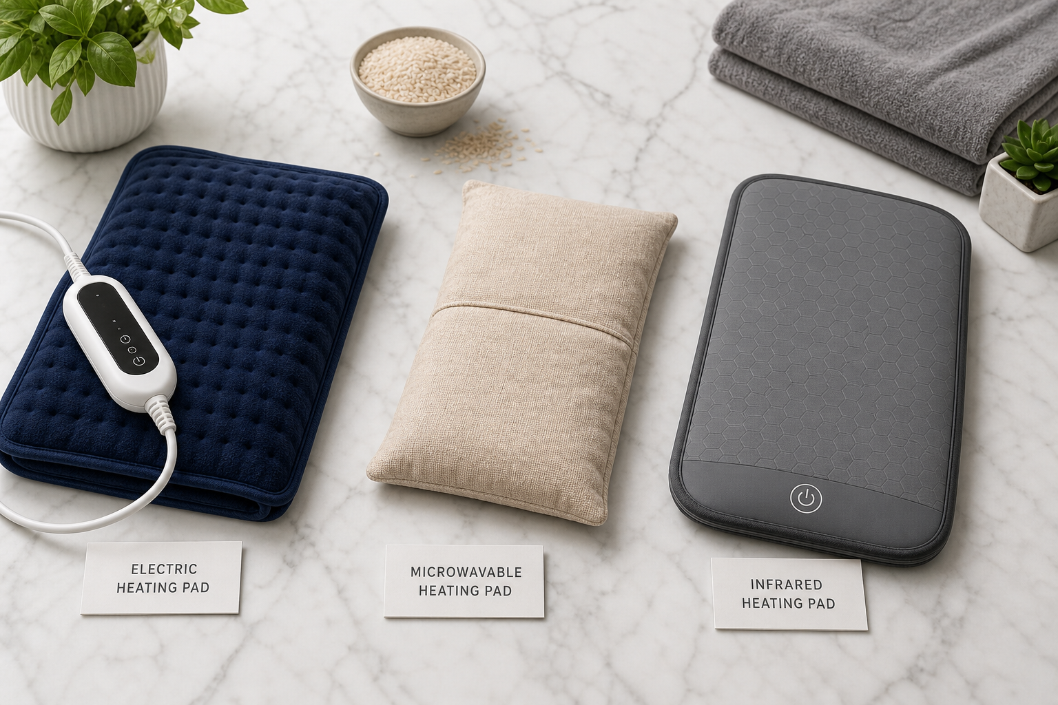 Three different types of heating pads - electric, microwavable, and infrared - displayed side by side