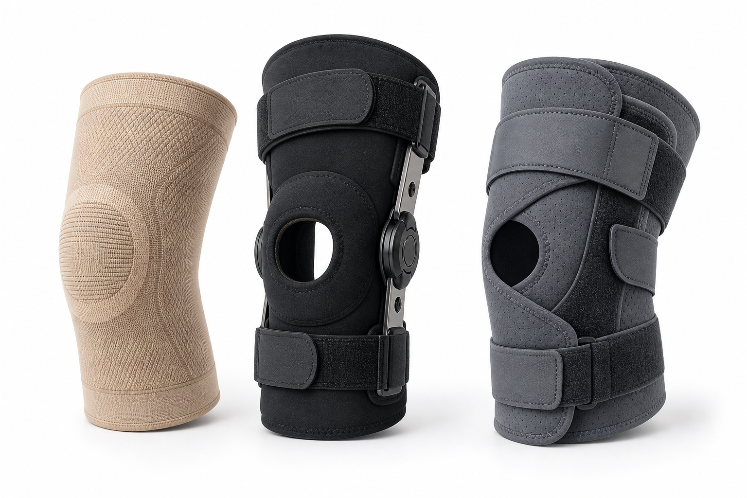Three different types of knee braces for arthritis displayed side by side