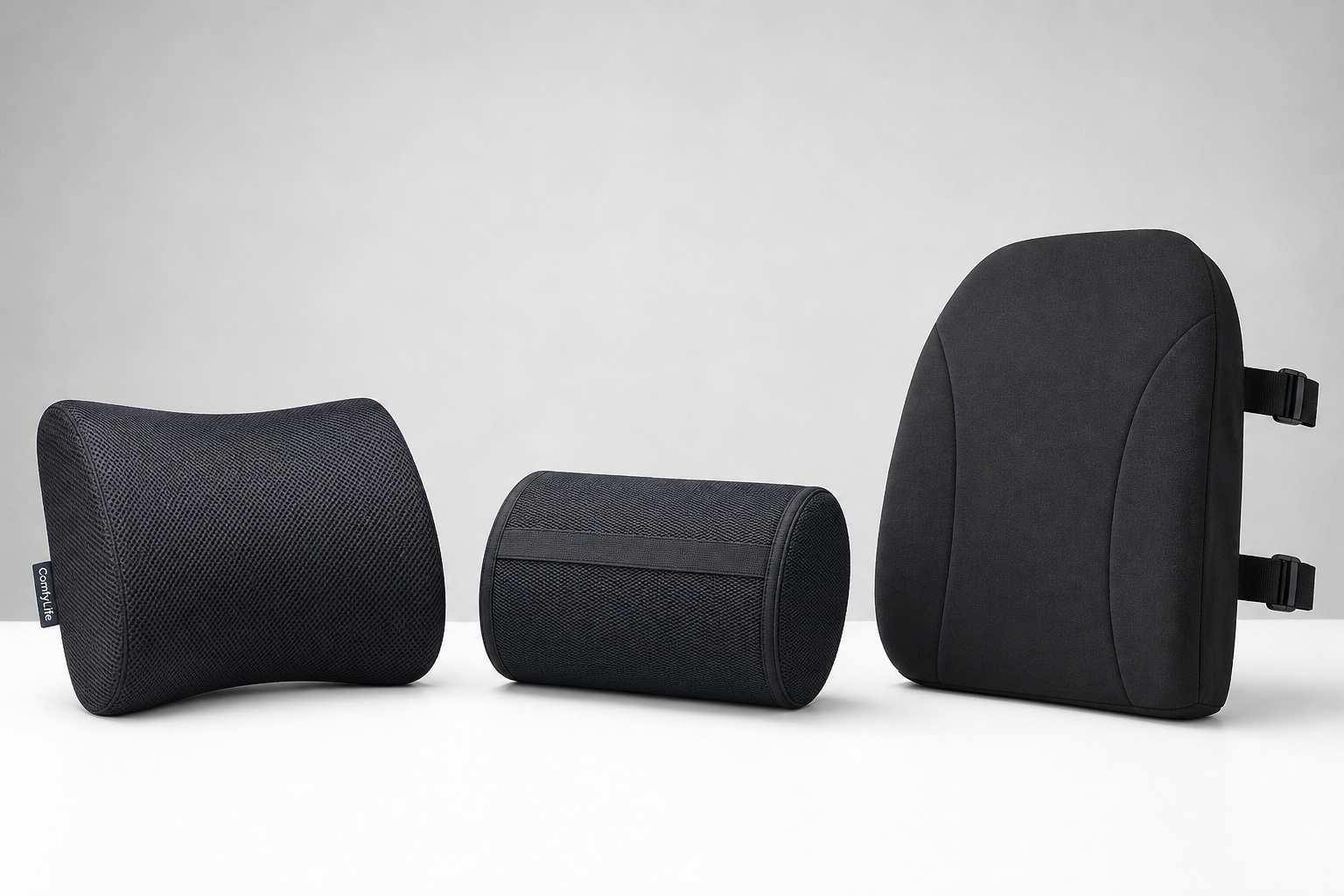 Three different types of lumbar support cushions displayed side by side