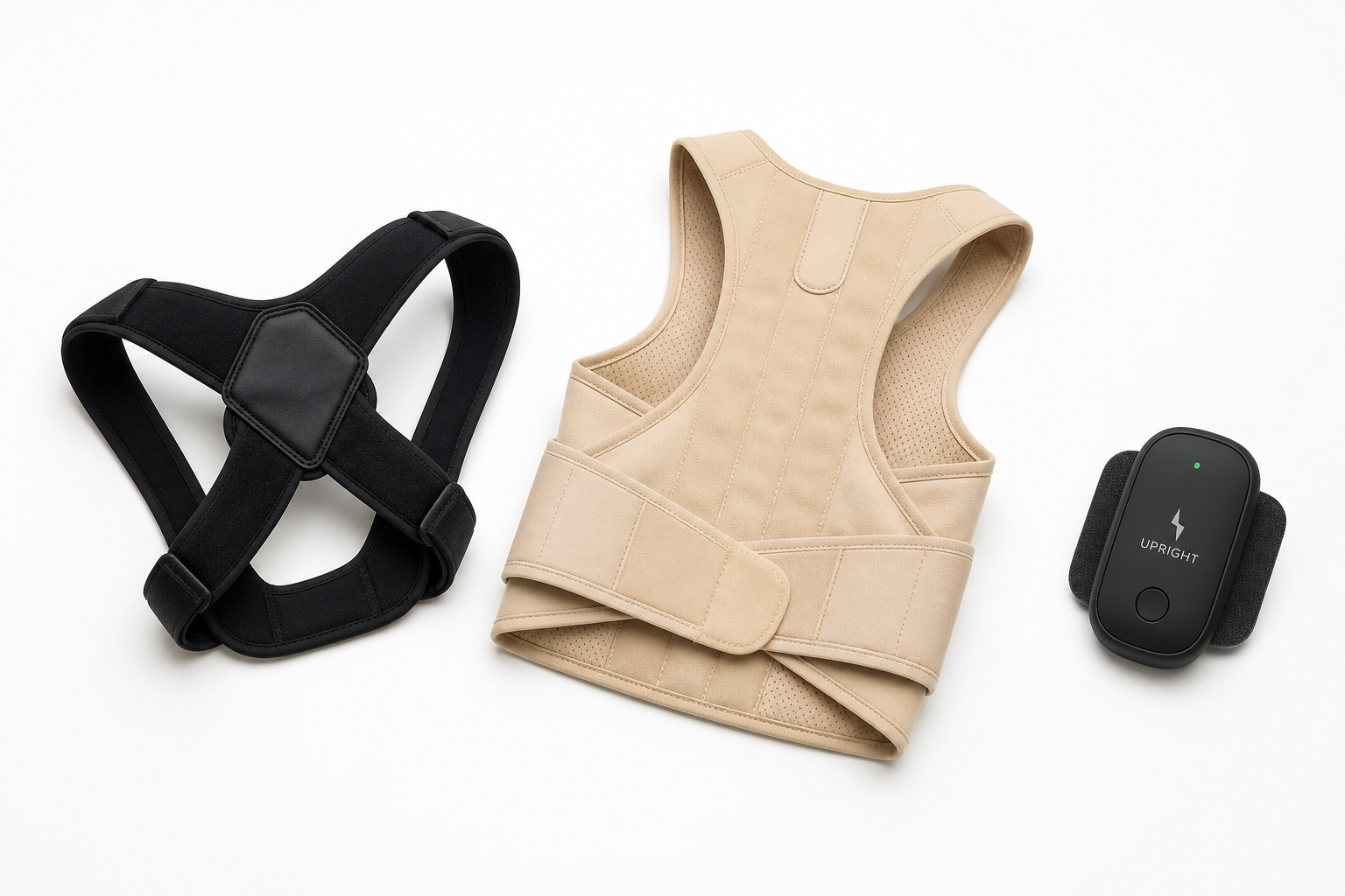 Three different styles of posture correctors displayed side by side