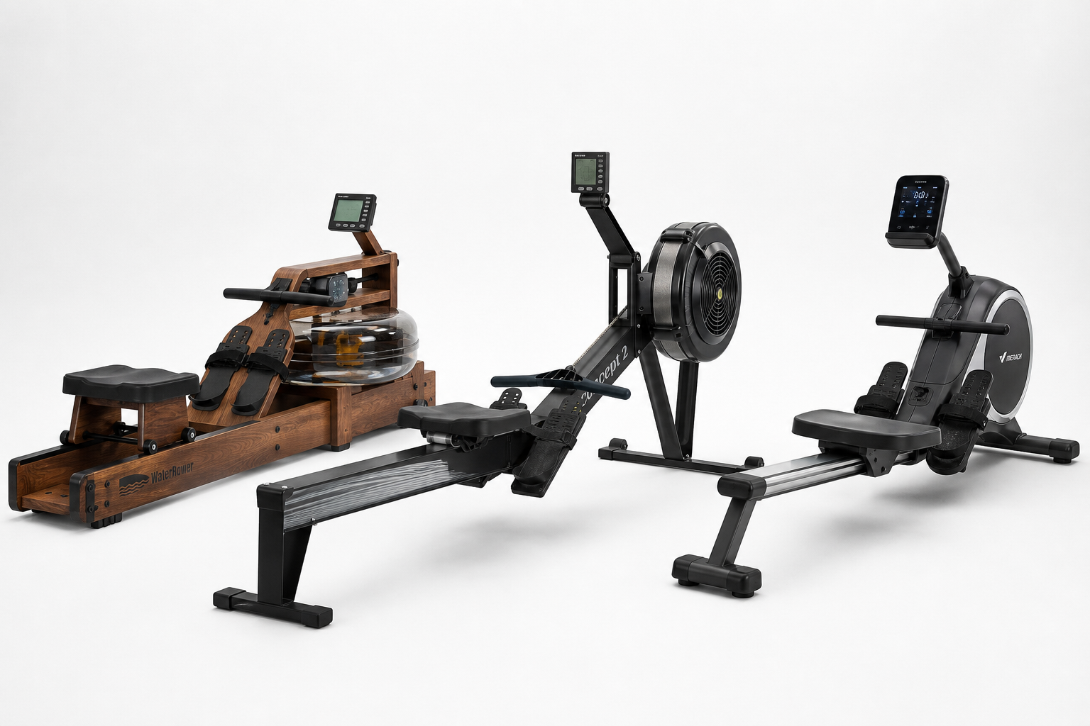 Three types of rowing machines displaying water, air, and magnetic resistance systems