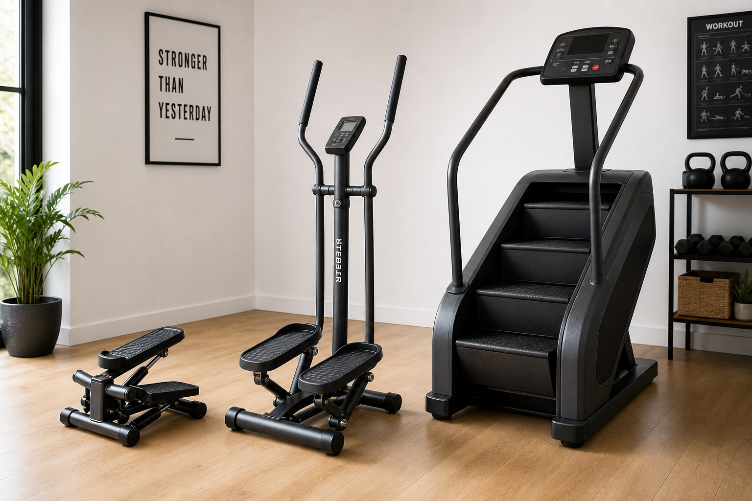 Three different types of stair stepper exercise machines displayed side by side
