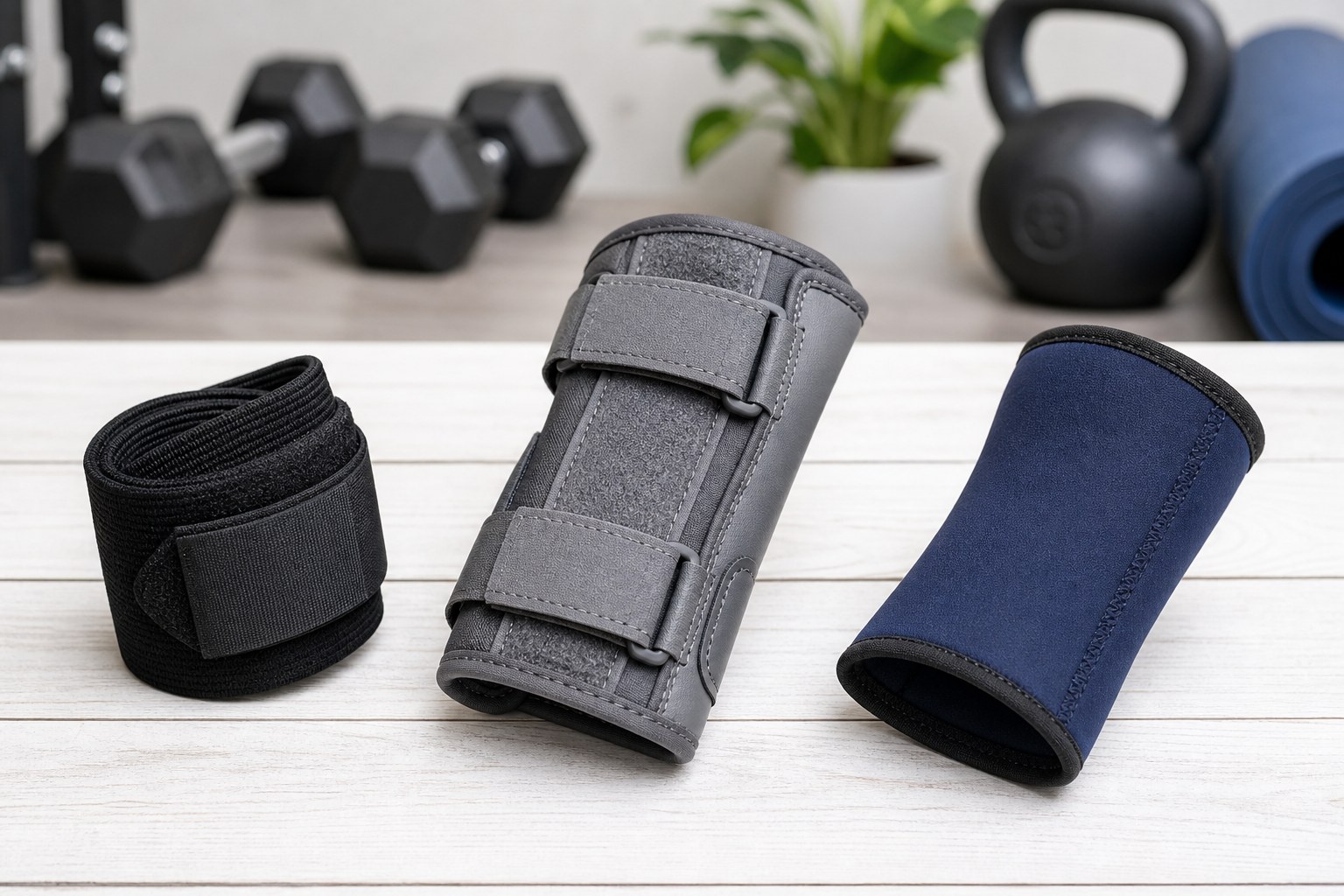 Three different types of wrist supports - elastic wrap, rigid brace, and neoprene sleeve - displayed on white surface