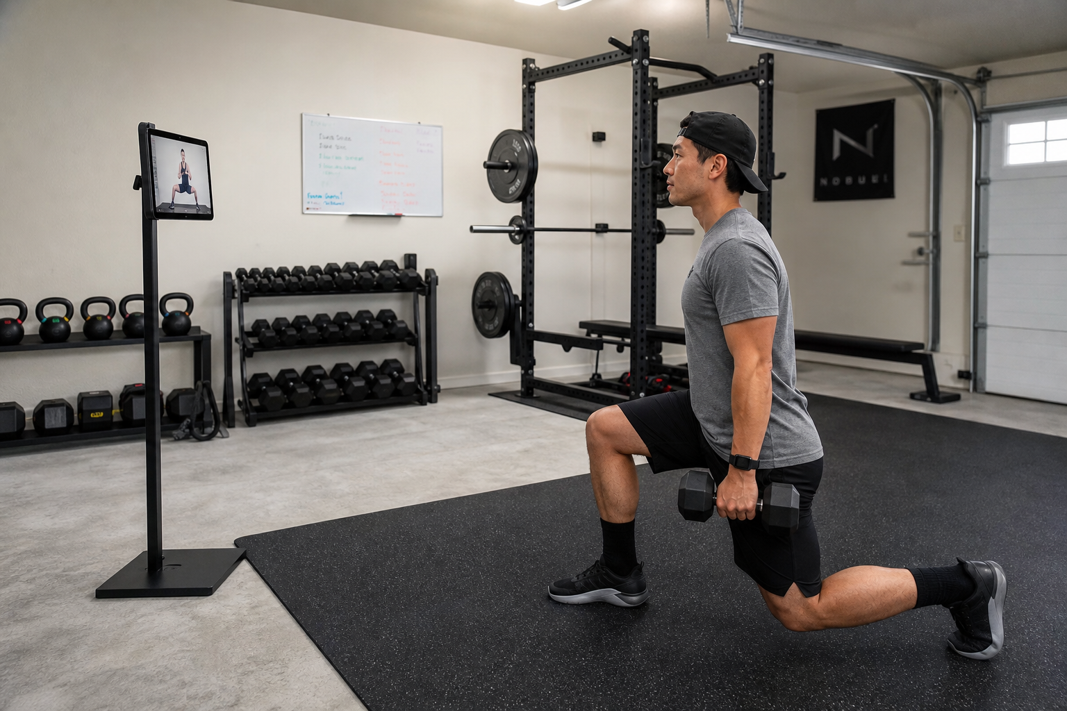 Person exercising in garage gym while viewing tablet at proper distance and height