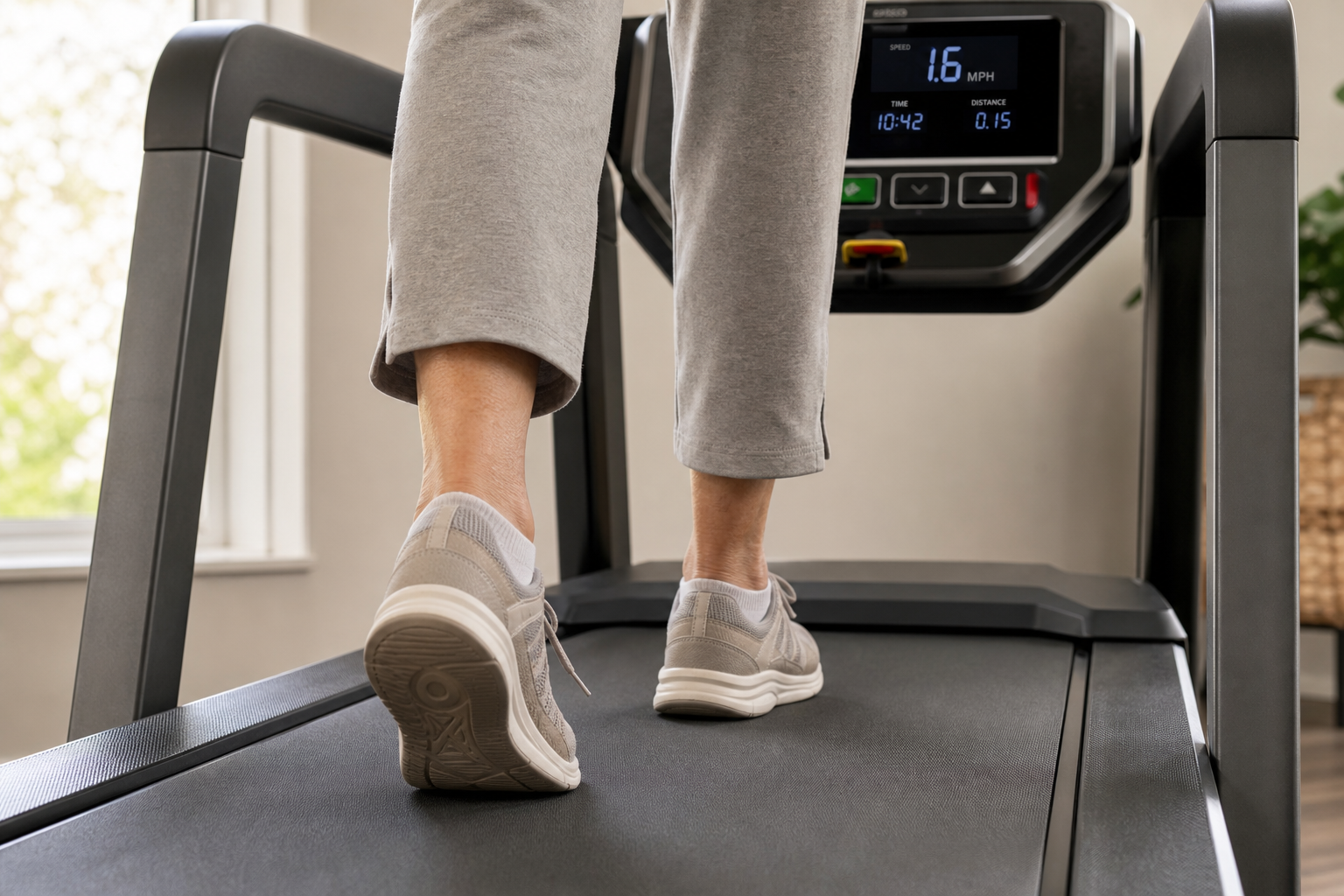 Senior's feet walking slowly on a treadmill with safety handrails