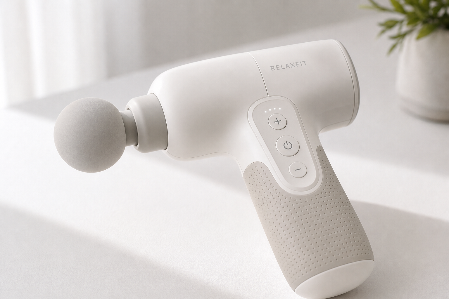 Ergonomic massage gun with easy-grip handle and simple controls designed for seniors