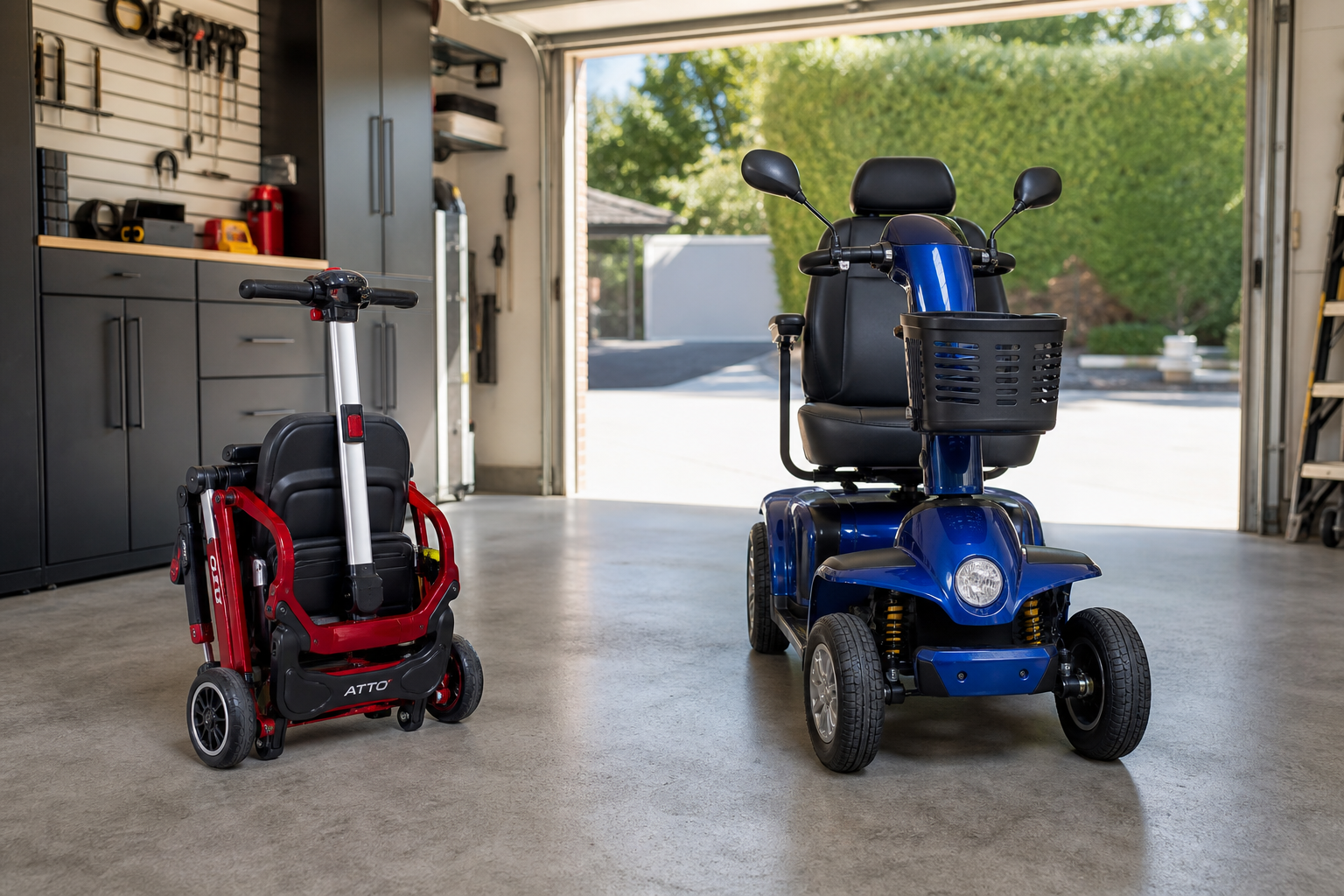 Compact travel scooter compared to full-size mobility scooter in garage